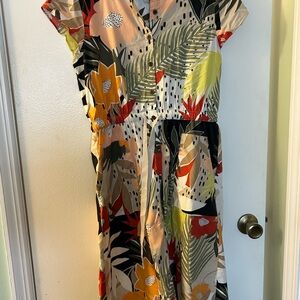 LOFT Vibrant Floral and Leaf Midi Dress